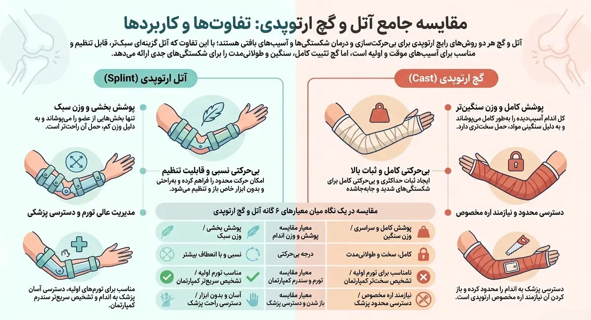 تفاوت آتل و گچ - دیاگرام مقایسه‌ای بهزیست طب